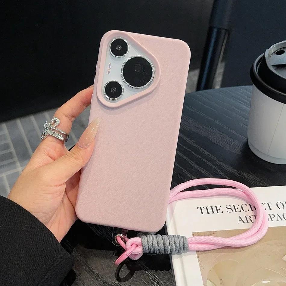 Litchi Pattern Leather Wrist Strap Case for Huawei P70 Pura 70 Ultra P60 P50 Pro Mate 40 50 60 Pro Plus Soft Lanyard Cases Cover