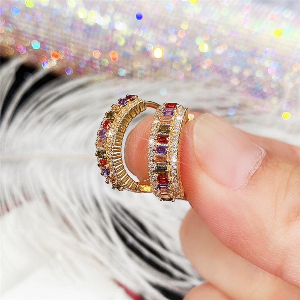 Rainbow Multicolored Stone Hoop Earrings Double Row Shiny Huggie Ear Rings for Women Party Daily Jewelry
