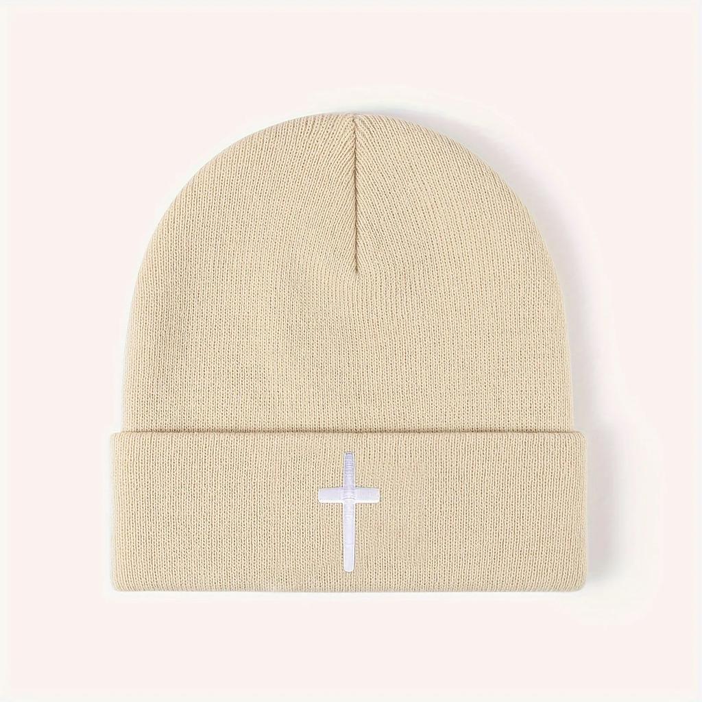 Natural NewFashionable Beanie: Cross Embroidered Knit Cap, Stylish Beanies for Women, Unisex Winter Hat for Outdoor Casual Wear