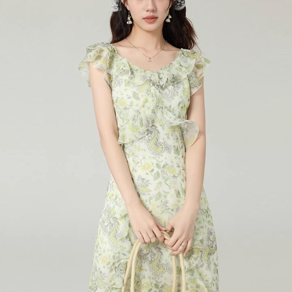 French Floral Dress Women's Summer Flower Dream-catching Lotus Leaf Edge Collar Long Dress 2026 Summer New Gentle Long Dress
