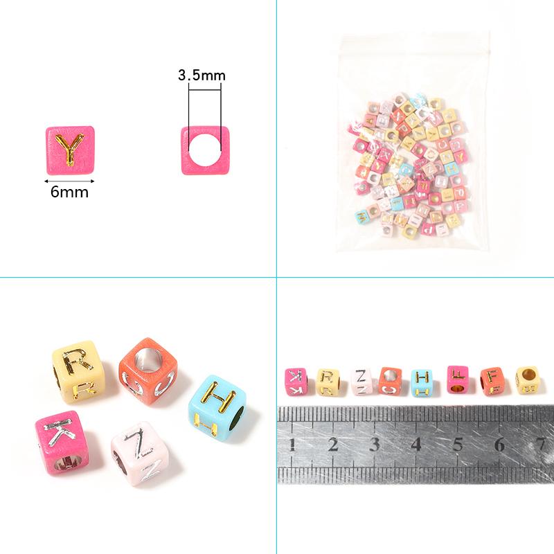 100pcs/lot 6mm Electroplated Acrylic Alphabet Beads Square Big Hole Loose Letter Beads For DIY Fashion Bracelet Necklace Jewelry