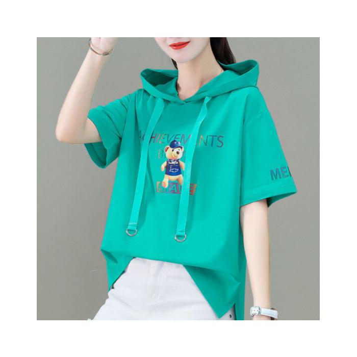 Women's Summer Lightweight Loose Hooded Short Sleeve T Shirt with Cartoon Print