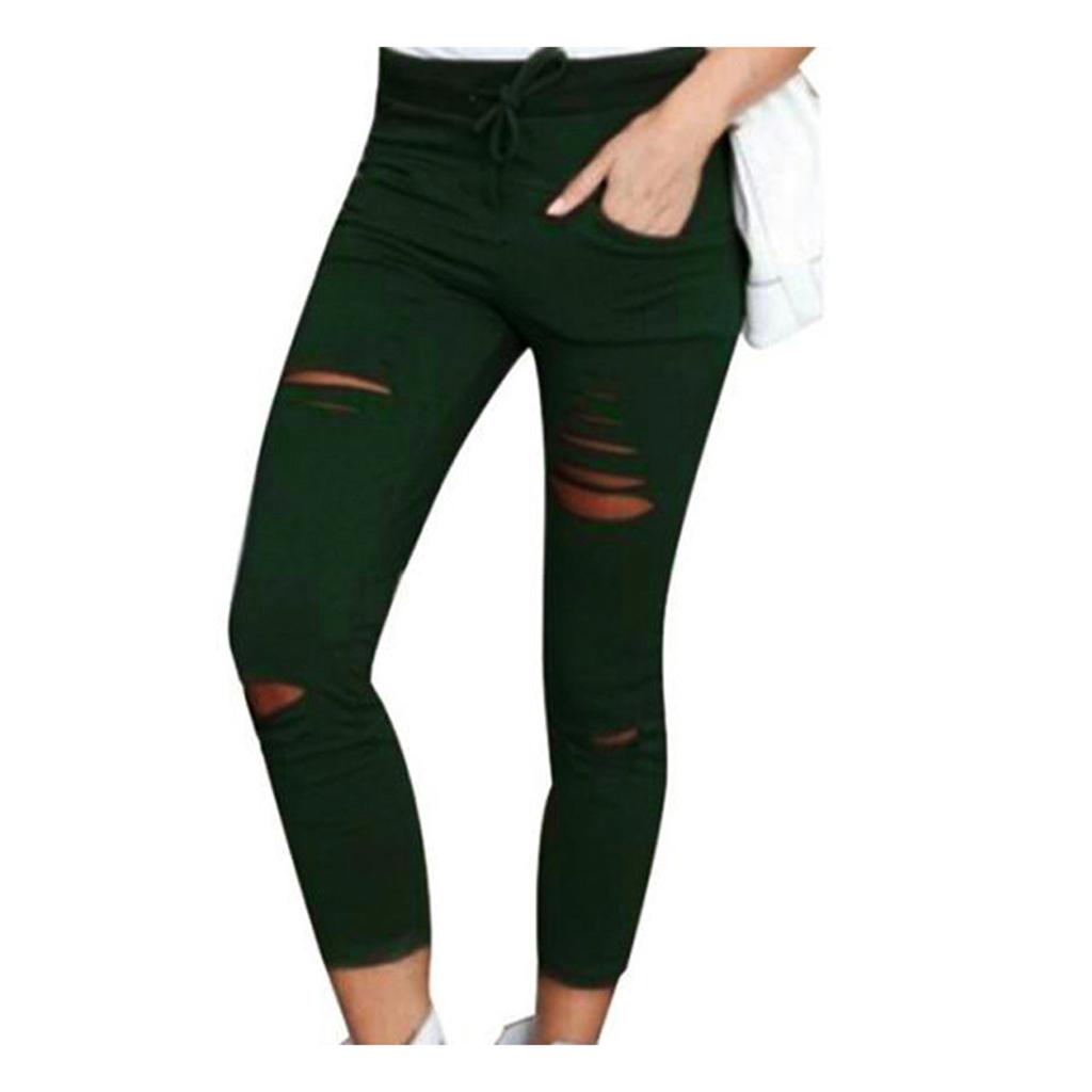 Pantaloni a matita a vita alta con coulisse in tinta unita Leggings attillati strappati
