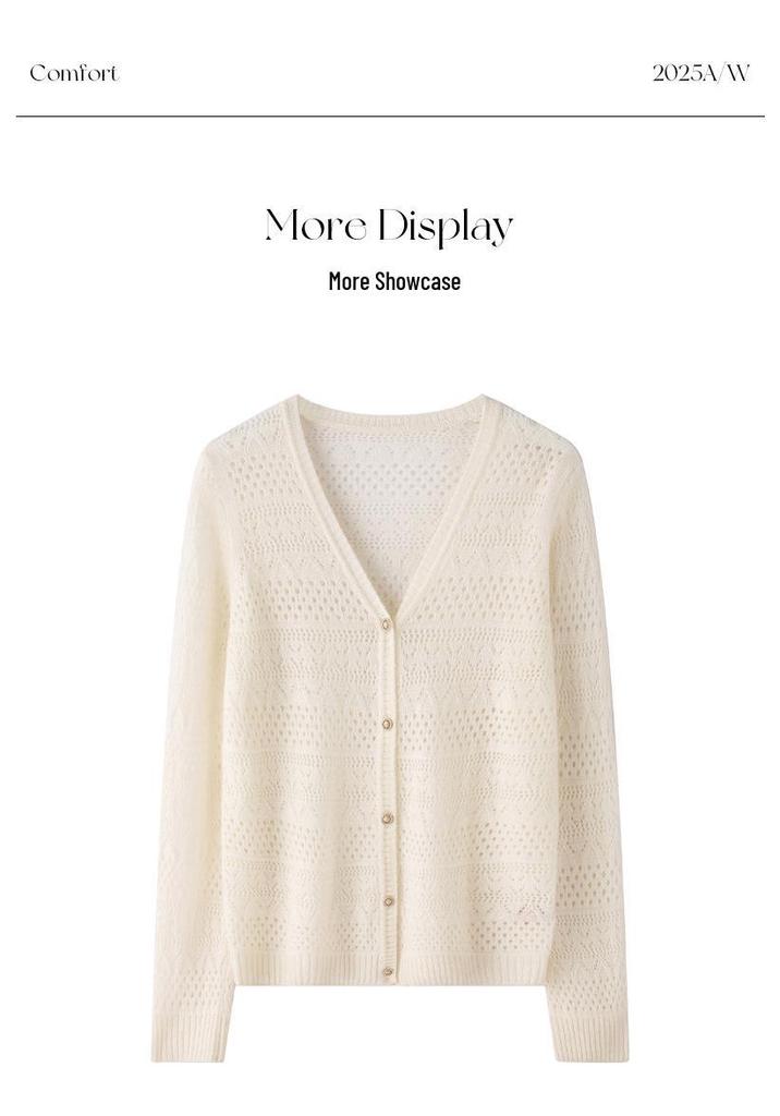 Elegant Women's Cashmere V-neck Cardigan with Hollow Out Design for Autumn/Winter