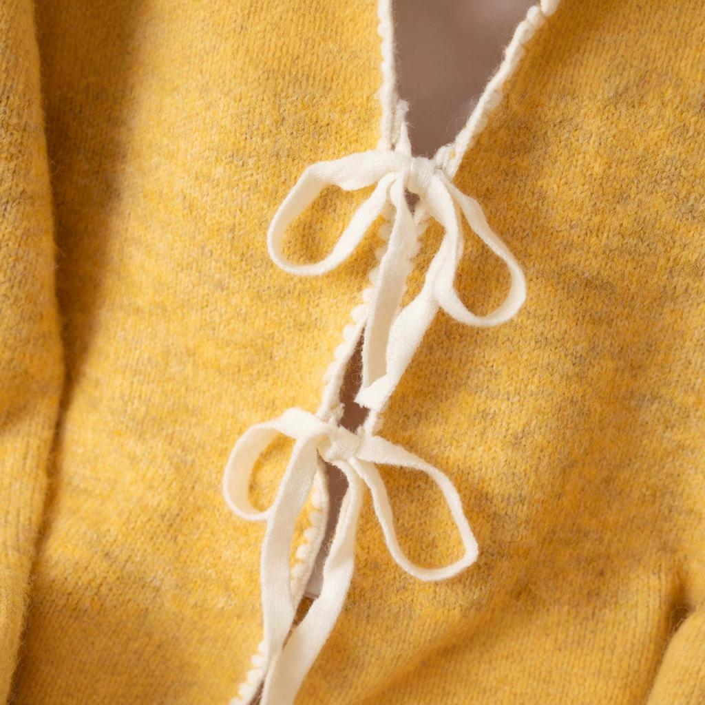 Autumn and Winter New Bow Tie Knitted Cardigan Women's Loose Wild Contrast Sweater Jacket