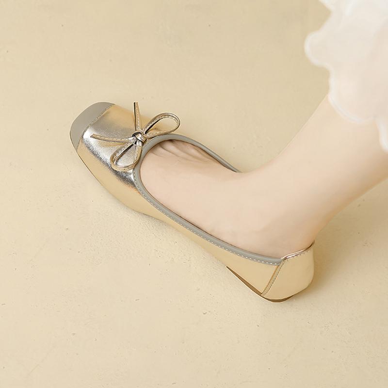 Fashion Silver/Gold Bowtie Ballet Shoes Woman 2025 Spring Flats Ladies Shallow Slip On Loafers Office Dress Moccasins Pig Toe Ballerinas