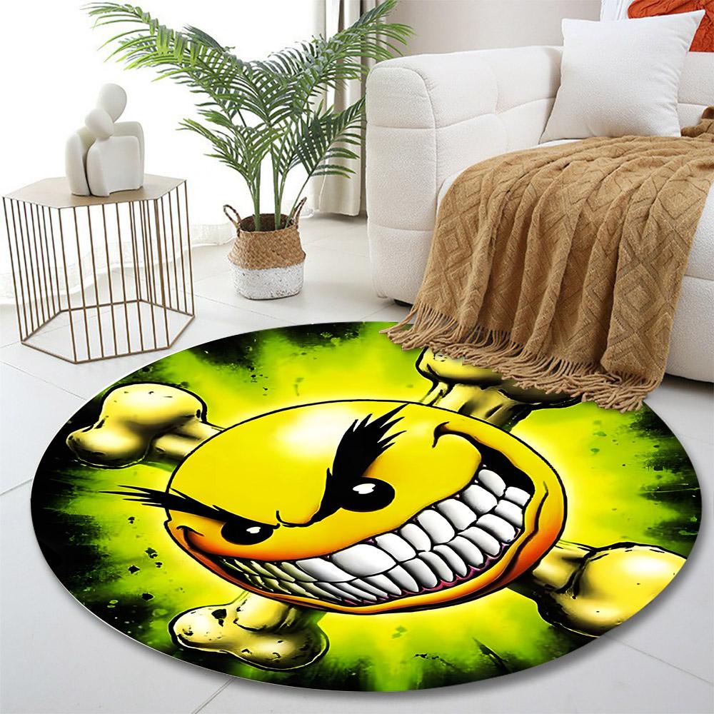 "Grinning Skull Emoji Design Rug" Print round rug, living room, bedroom, playroom carpet, non slip floor mat, gift