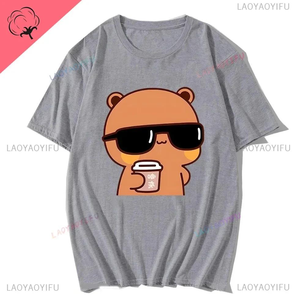 Couple Tee Bubu Is Watching Movies and Milk Tea with Dudu T-shirt Cartoon Cute Graphic Tees for Ladies Kawaii Cotton Unisex Tops