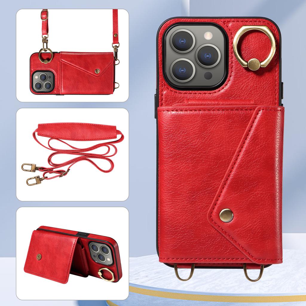For iPhone 15 Series.for iPhone 15,15 Plus,15 Pro,15 Pro Max Shoulder Strap Rope Ring Bracket Design Card Holder Slots Lichee Pattern Cover Phone Case