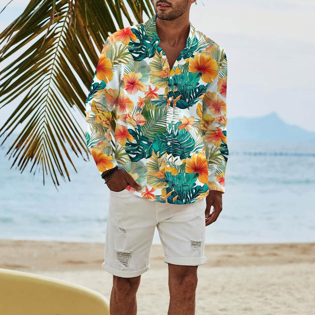 Mote Langermet Trykket Casual T-skjorte med Knapper Regular Fit Skjorte Topp for Menn