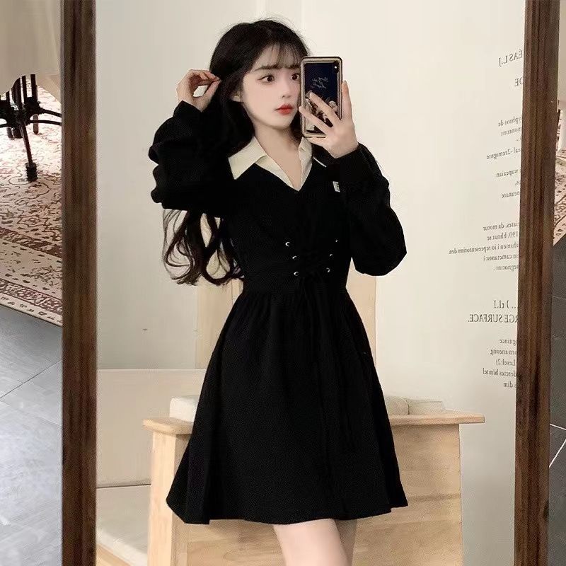 

Sweet and cool little black dress women s large size autumn new strap waist thin POLO collar fake two-piece dress XL
