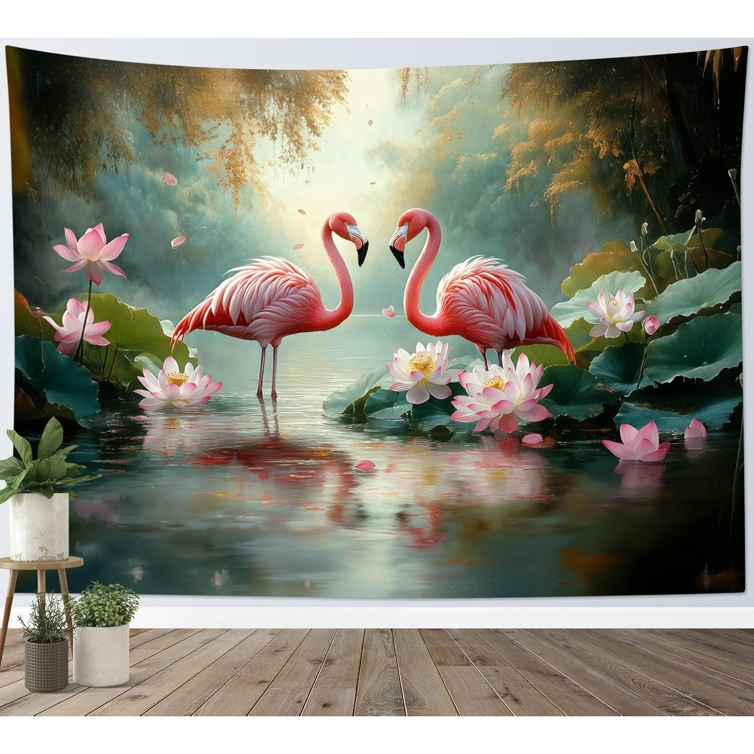 Forest wall tapestry of pink flamingos 75x100