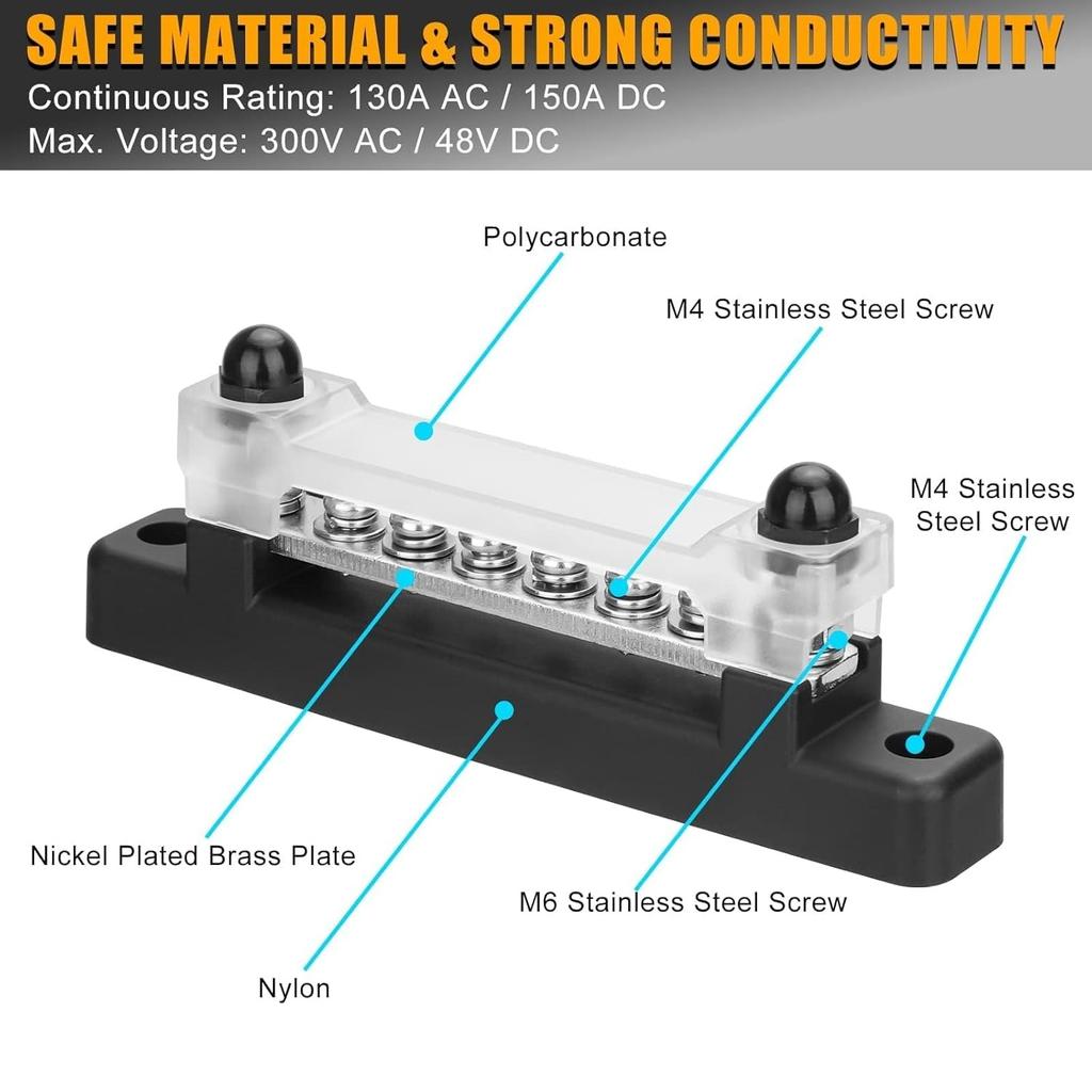 Negative Sammelschiene 12V, Marine Erdungsbatterie Sammelschiene Stromverteilerblock, mit 2x M6 Gewindestiften 6x M4 Schraubklemmen, für Automobil Auto Boot Wohnwagen