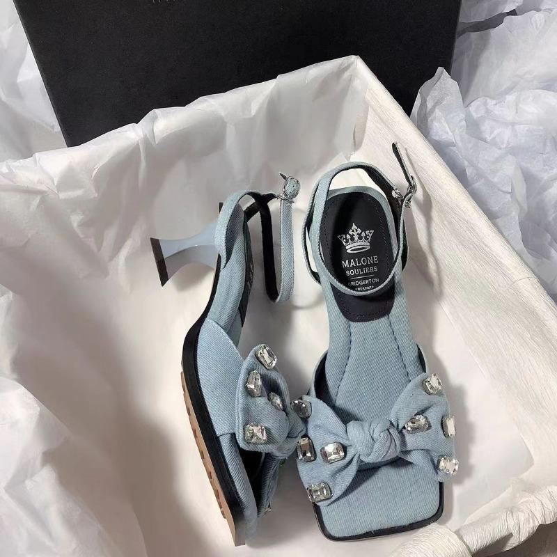 Fashion Summer New High Heels Rhinestone Bow Women's Shoes Square Head Thick Cross Strap One Line Buckle Sandals