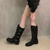 Cowhide Version~ Belt Buckle Black Martin Boots for Women, Square Head Thick-soled Medium Boots, Thin Short Boots, Knight Boots.