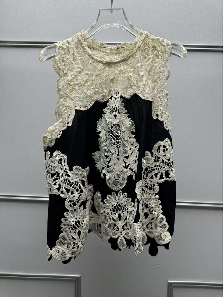 Nanyou Retro French Lace Color Block Sleeveless Vest Top