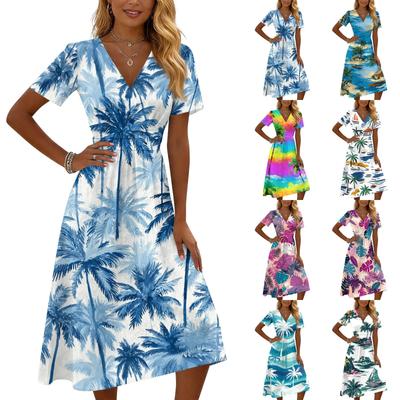 Women’s Short Sleeve V Neck Midi Dress with Tree Print Casual Loose Fit Summer Vacation Beachwear