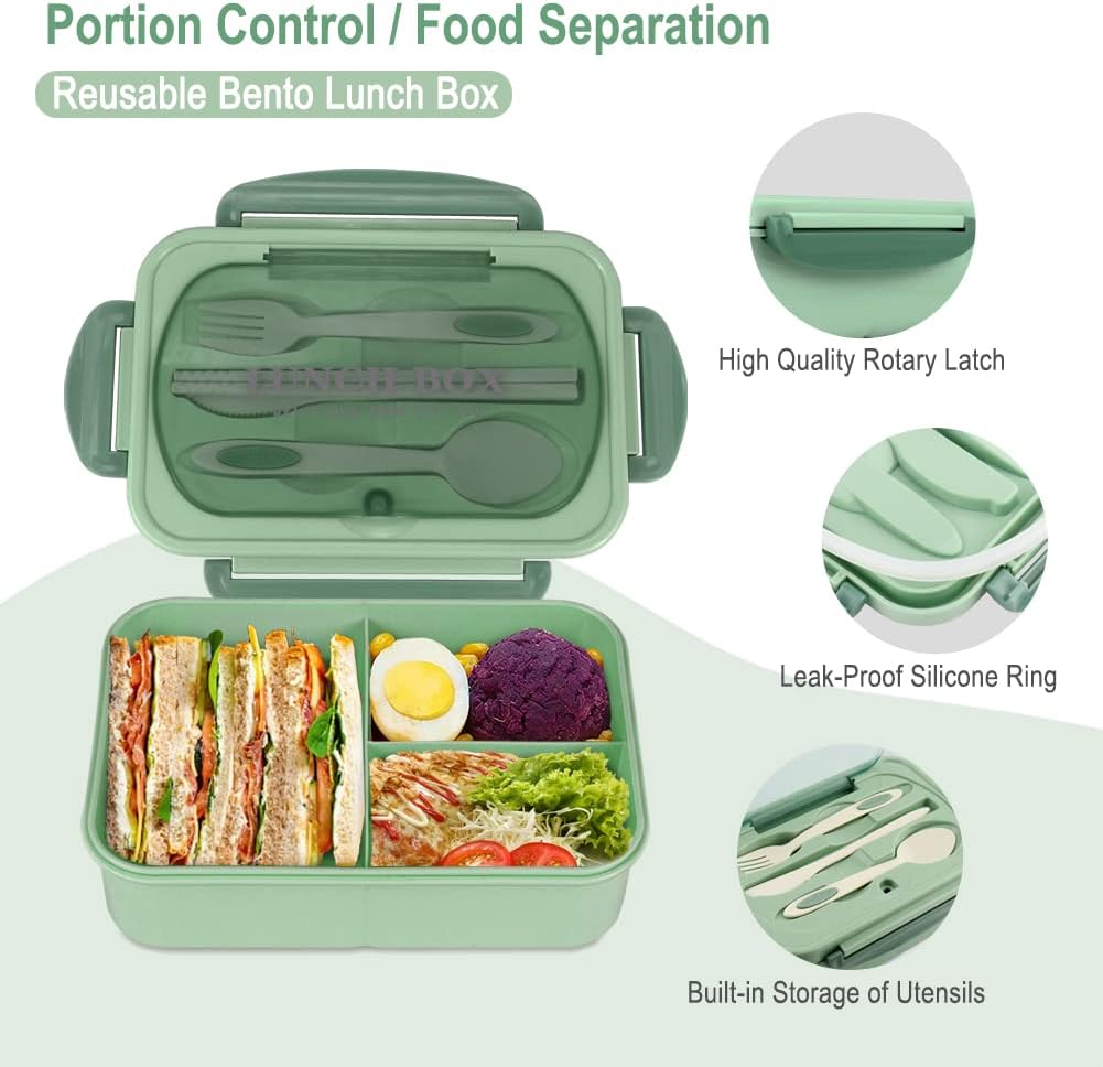 Leak Proof Divided Lunch Box Portable Bento Box with Utensils for Snack Fruit BPA Free Microwave Safe for Home Office Use