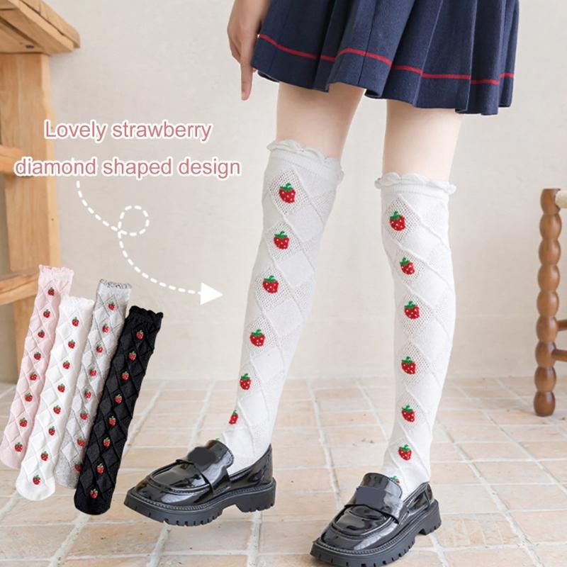 Baby Girls Long Tube Socks Spring Autumn Summer Thin Kids Strawberry Printed Socks Over Knee Length Stockings