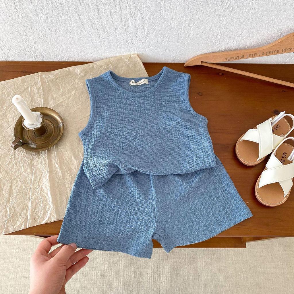 Kids 2024 Summer Korean-Style Soft Cotton Pleated Vest and Shorts Set for Boys and Girls