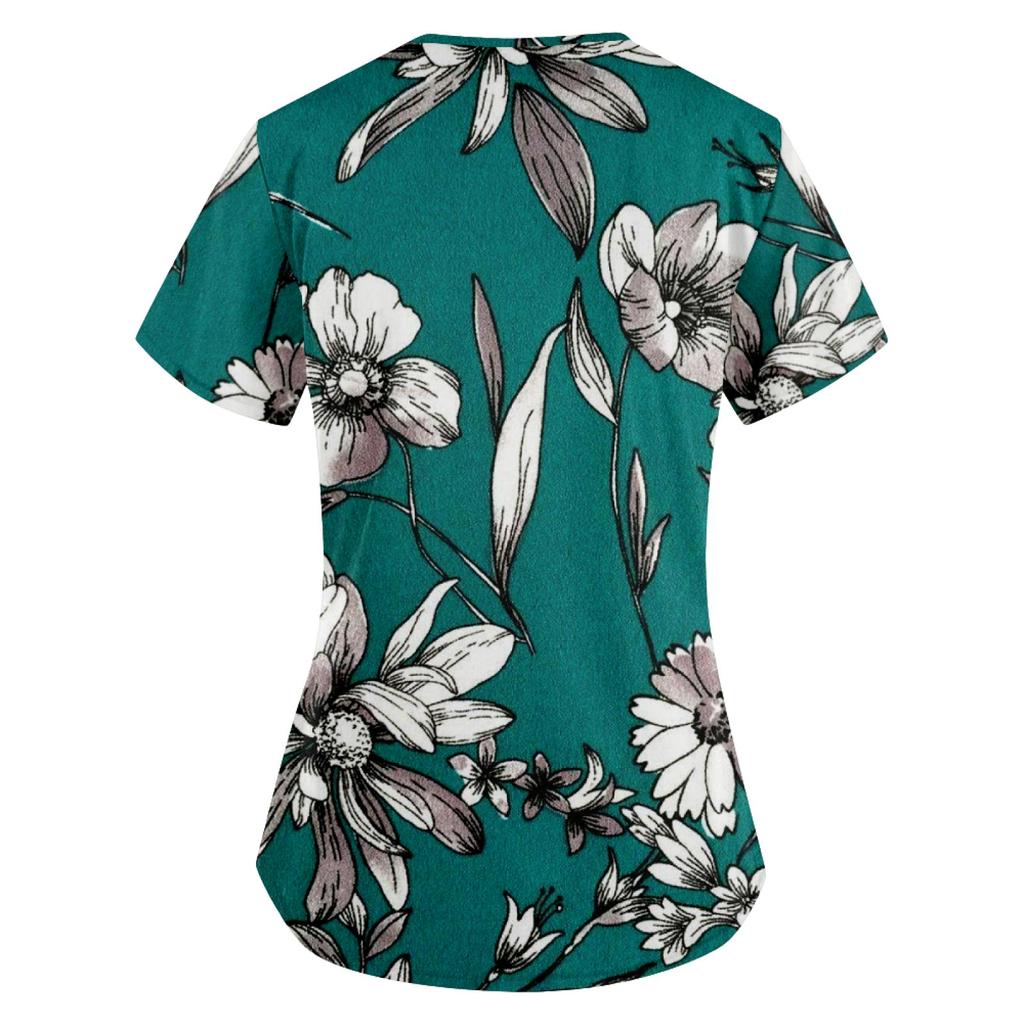 Modische bedruckte Damen-Arbeitsuniform mit Taschen-T-Shirt, kurzärmeliges Oberteil