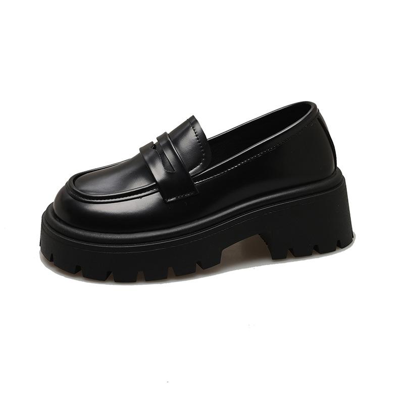 Brown and black small leather shoes female round head muffin thick-soled lazy person pedaling