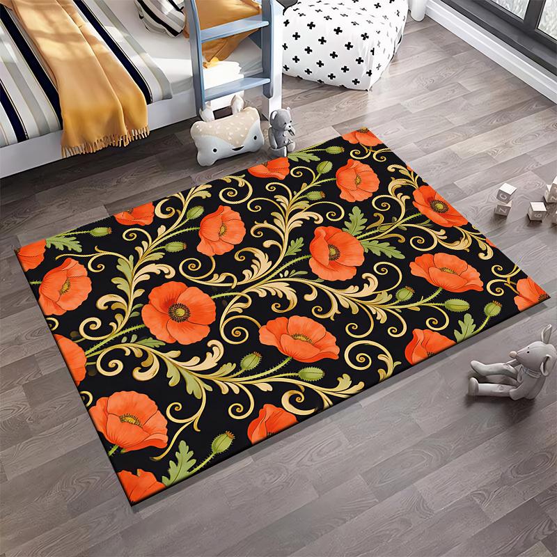 Floral Carpet with Red Poppies, Green Leaves, Black and Gold Design Suitable for use as an anti-slip for living room bedroom sofas