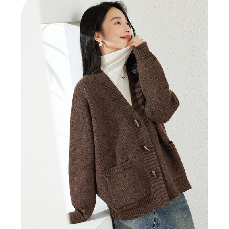 

Осень 2025 Женский свитер Вязаный Базовый Модный Кардиган Длинный рукав Свободный Повседневный Пальто One Size коричневый