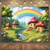 One piece of rainbow mushroom house fairy tale forest cartoon background fabric party banner dreamy forest river rainbow