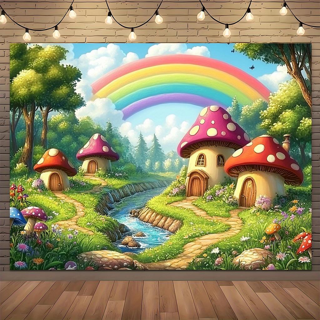 One piece of rainbow mushroom house fairy tale forest cartoon background fabric party banner dreamy forest river rainbow