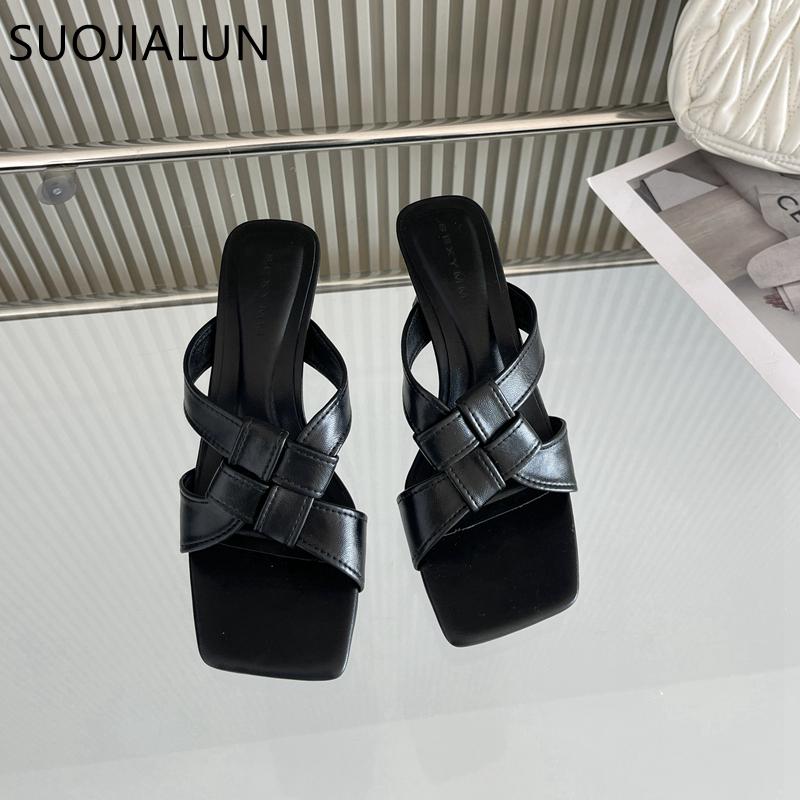 Fashion SUOJIALUN 2025 Summer New Brand Women Slipper Fashion Square Toe Slip On Ladies Slides Square High Heel Dress Sandal Shoes