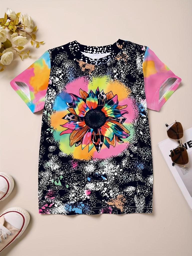 Roupas infantis Menina Camiseta Manga curta 3D Tie-Dye Print Crianças Roupas de verão Casual Desenho animado Gola redonda Roupas infantis Tops