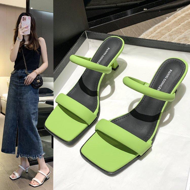 Fashion Open Toe High Heeled Slippers Women's Summer New Square Head Thick Heel Mid-heel flip flops stiletto pumps luxury woman clappers