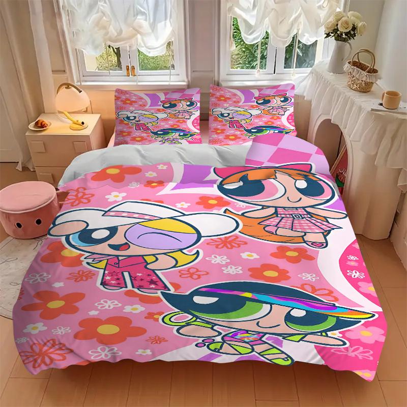 3Pcs Powerpuff Girls Adventure Bedding Set Soft Fabric Duvet Cover Pillowcases Home Christmas Xmas Halloween Gift 1 Duvet Cover 2 Pillowcase G1140