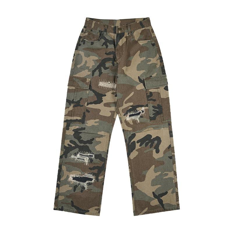 Spring and Summer Ripped Patch Embroidered Camouflage Work Pants Men's Straight Paratrooper Trousers