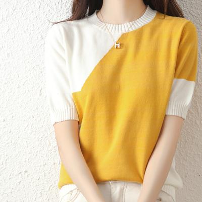 Bawełniany Top z Krótkim Rękawem i Okrągłym Dekoltem dla Kobiet Dzianinowy Top Bazowy Letni Najnowszy Luźny Krój Color Blocking Krótki Top z Rękawem 3/4 dla Kobiet