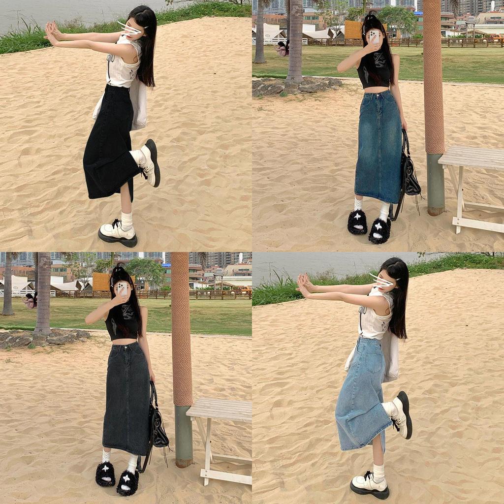 Denim Skirt High Waist Split A Line With Vintage Wash For Summer Casual Wear