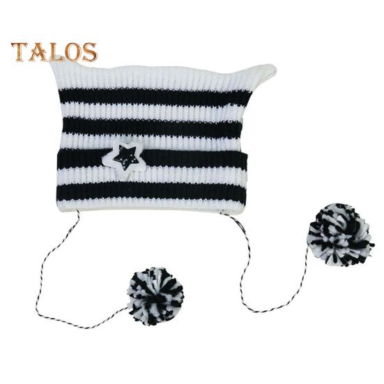 

Зимняя женская шапка с изображением головы котенка, контрастного цвета, полосатая, со звездами, меховой шарик, декоративная шапка-демон, эластичная, нескользящая, теплая, головной убор чёрный