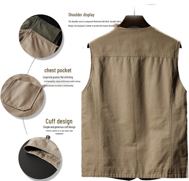Men's Plus Size Cotton V-Neck Fishing Vest – Middle-Aged & Elderly Casual Sleeveless Jacket