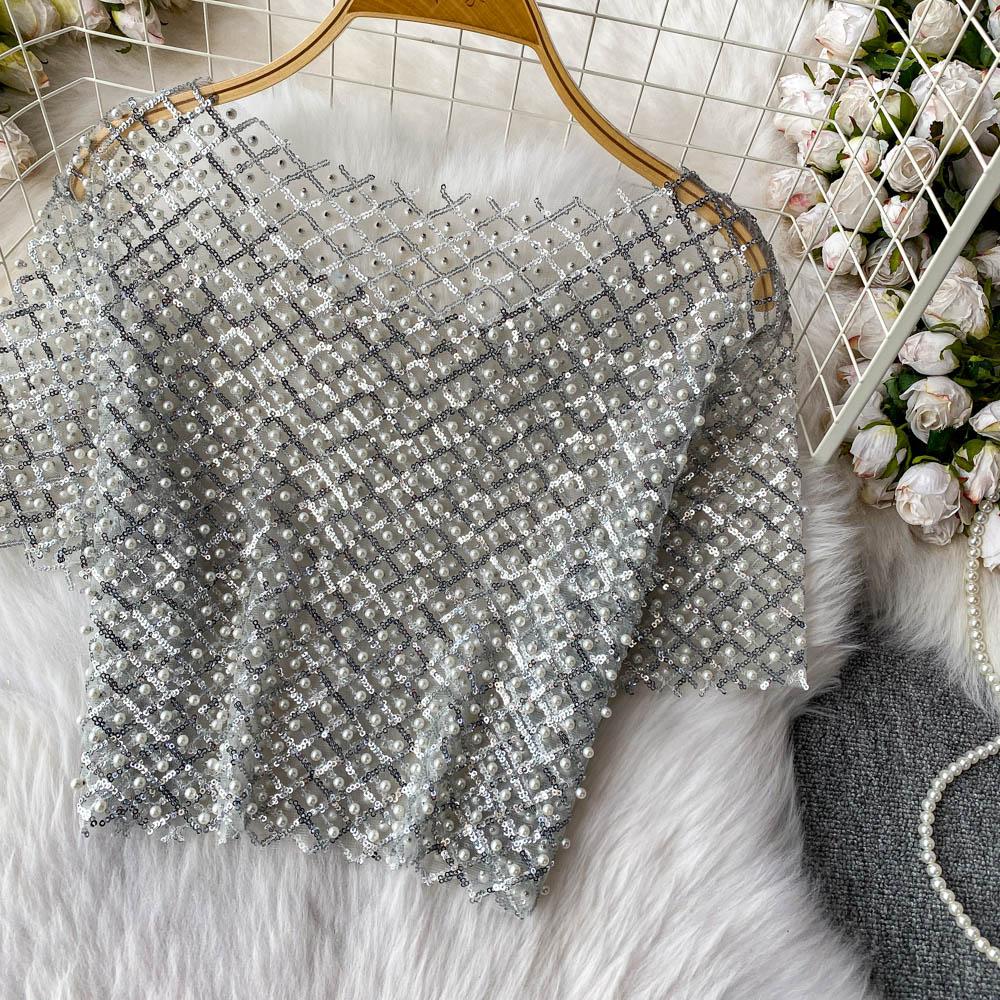 Chic Vintage Hollow Out Sequin Backless Elegant Fashion Sexy Shirt High Street T Shirt Summer Women Blouse Women