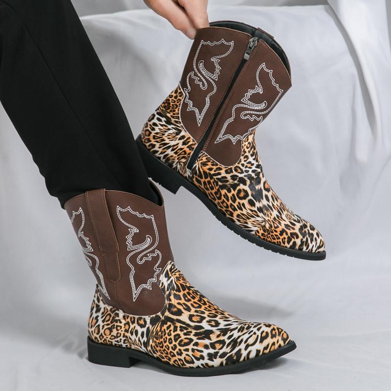 Men’s Western Boots Pointed Toe Leopard Print Casual Retro Dress Zipper Leather Men’s High Boots for Men Plus Size