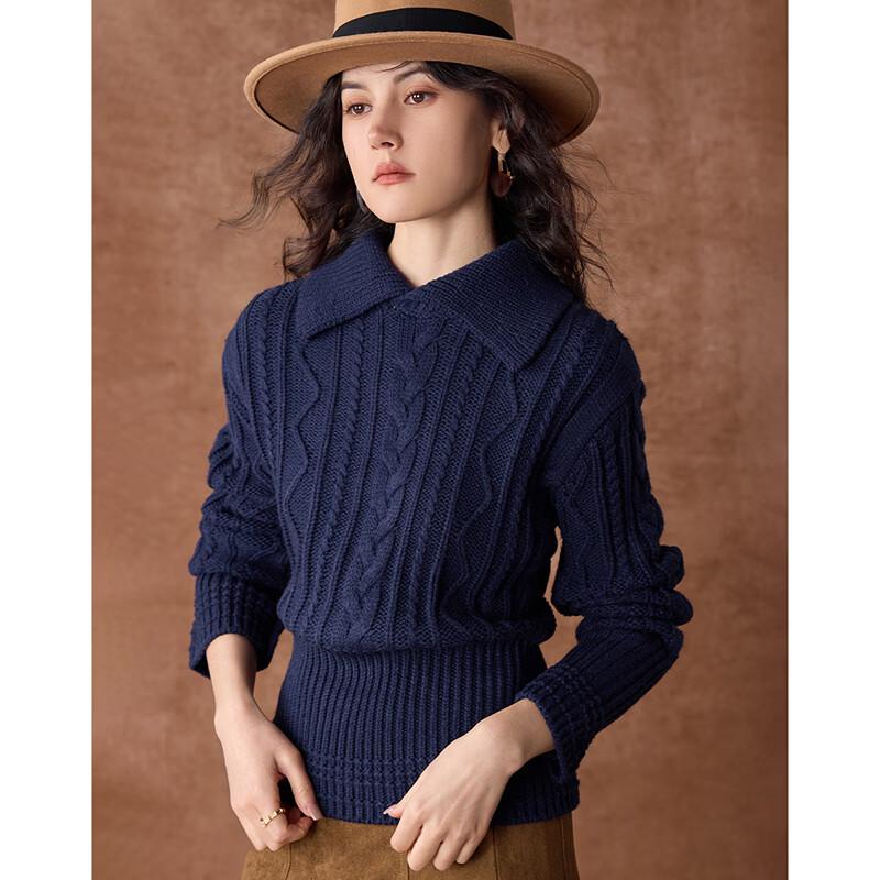 Wudao Women's French Collar Cable Knit Pullover with Sheep Wool Blend