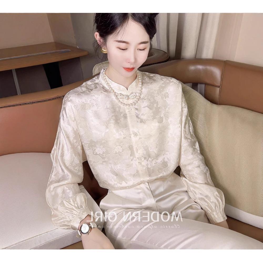 New Chinese Style Women's Short Top with  Spring High-end Feel Jacquard Long Sleeved Stand Up Collar and Elegant Shirt