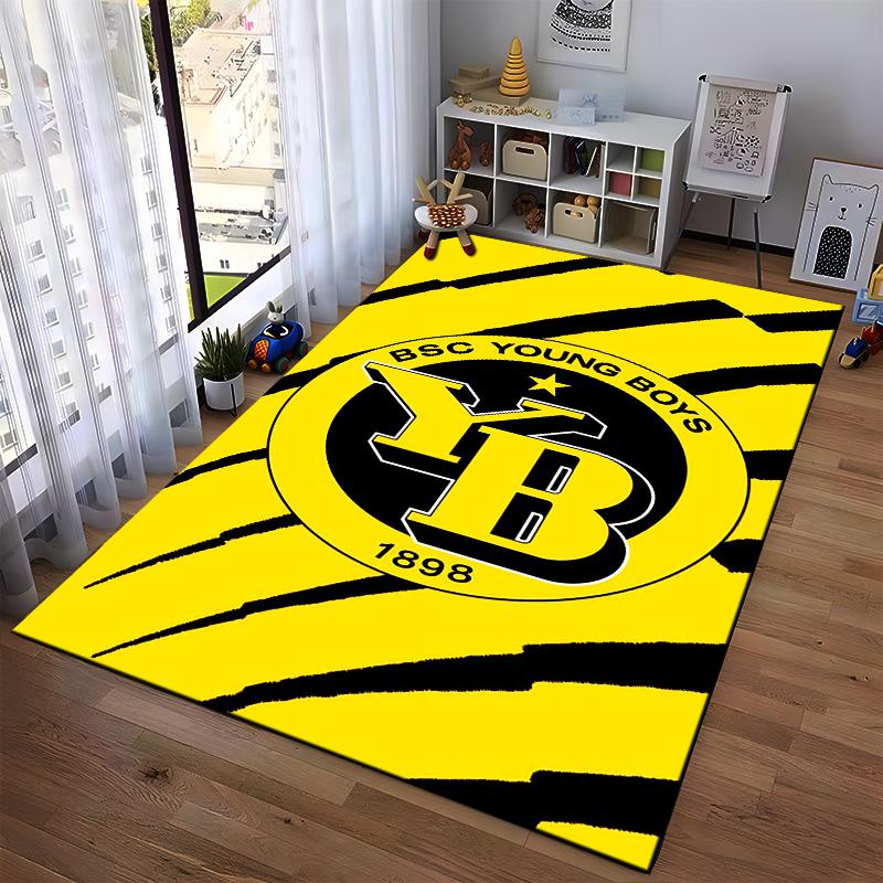 Yellow-Black Striped Logo Design Rug Non-slip rug suitable for living room and bedroom sofas.