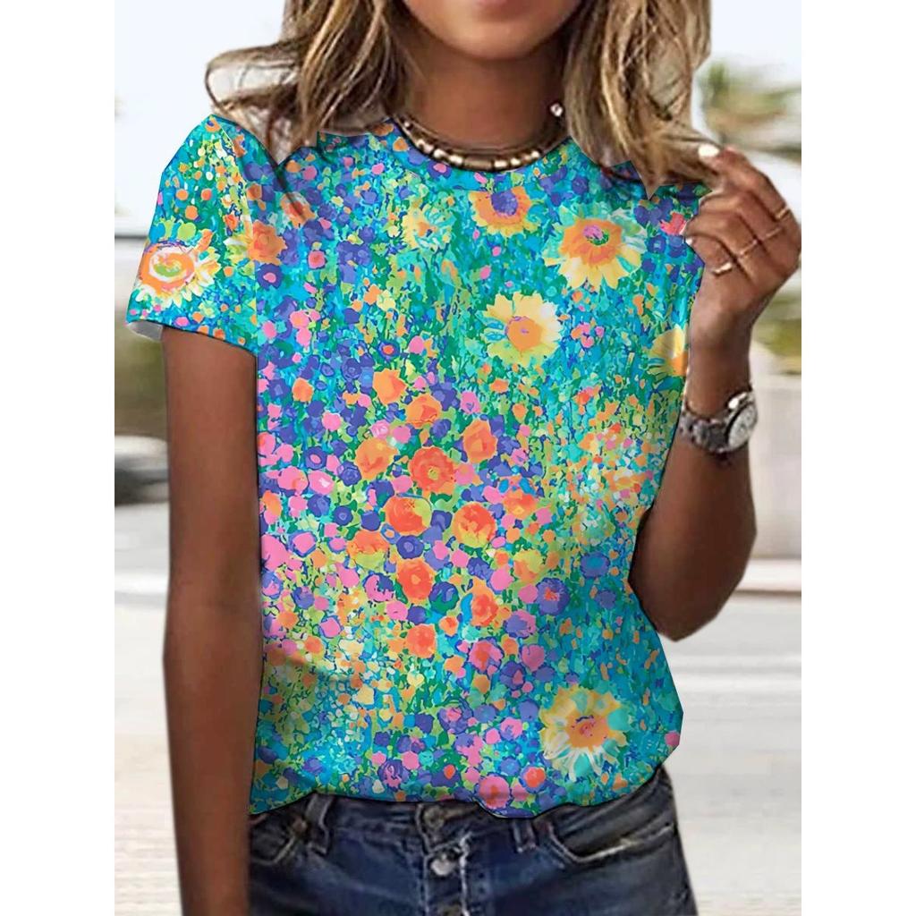 3D Printed Colorful Round Neck Short Sleeved Women's T-shirts