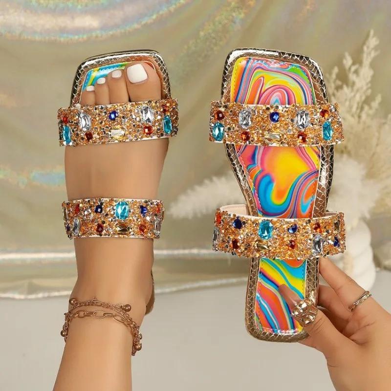Damen Bunte Strass Flache Hausschuhe Sommer Niedriger Absatz Zehentrenner Sandalen Lässige Outdoor Slip-On Strandschuhe