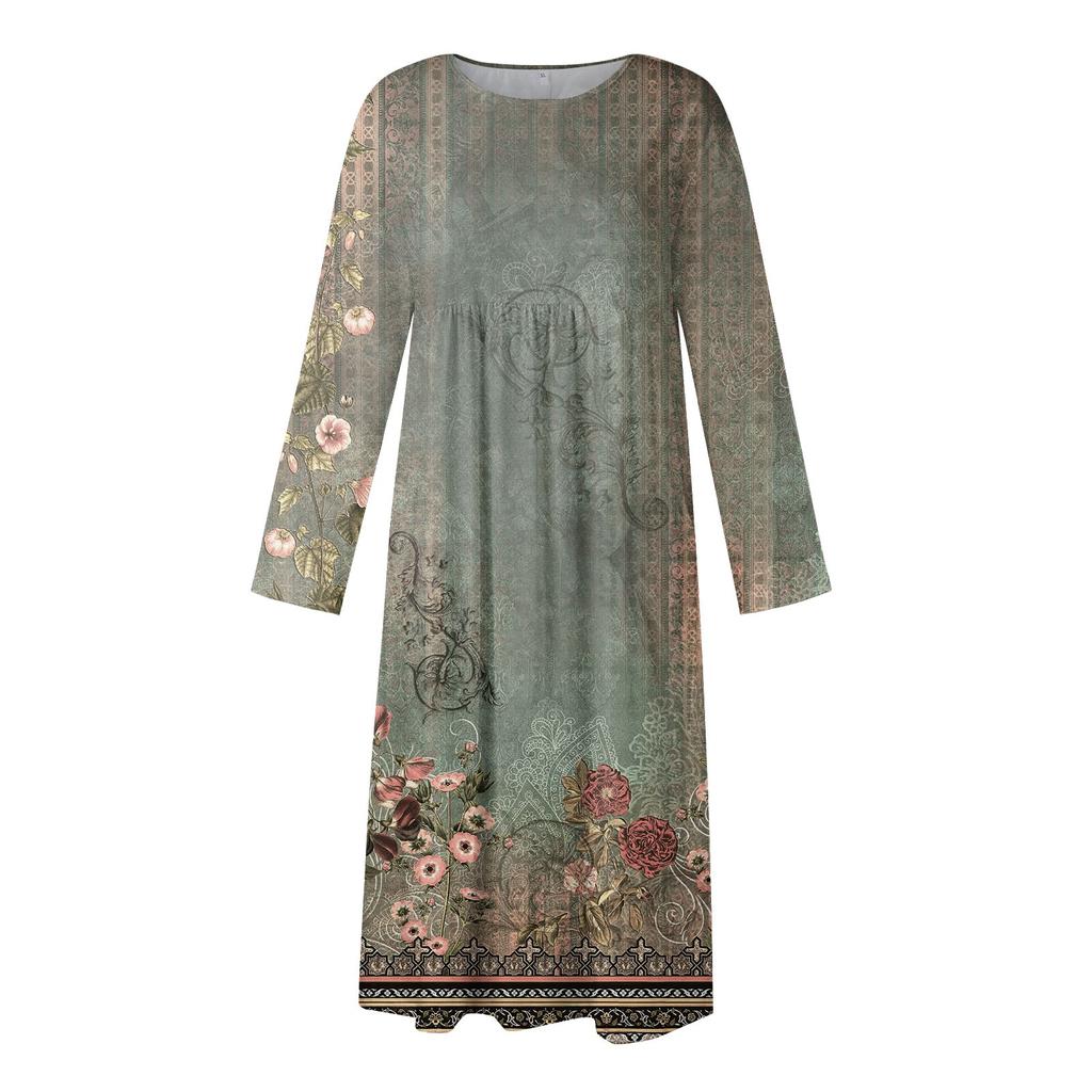 Women's Casual -neck Print Mid-length Dress Long-sleeved Pocket Dress