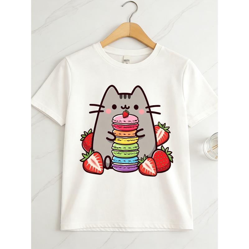 Kids Crewneck Short Sleeve T-Shirt, Fun Cartoon Cat Print All-Match Casual Summer Kids Gift Tee 110 белый