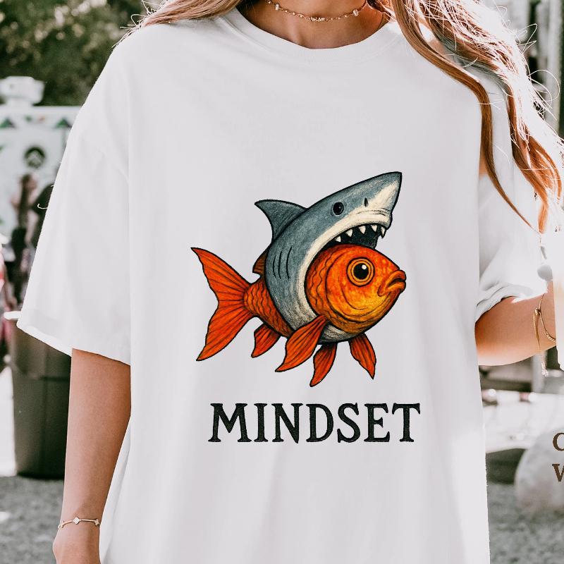 Mindset Shark Goldfish Shirt Funny Motivational Graphic Tees S белый