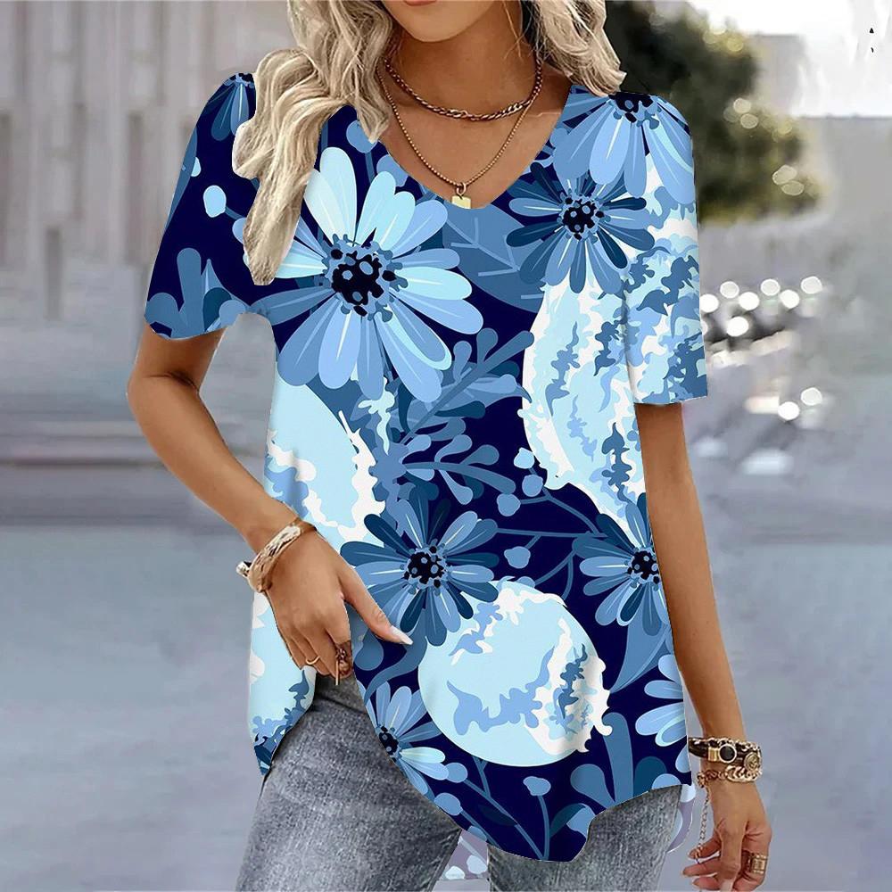 Fresh Flower  Pattern 3D Printed V-Neck Short Sleeved Women's Deals Graphic T Shirts Blouses Women T-Shirts